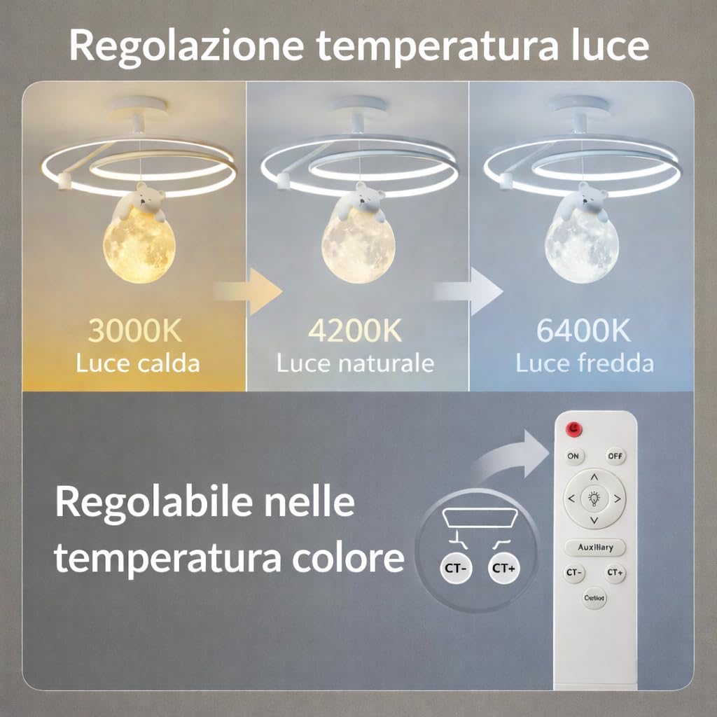 MAKA Lampadario LED Cameretta Bambini 60W Dimmerabile con Telecomando, Orsacchiotto sulla Luna, Luce Calda Naturale Fredda 3000K–4200K–6400K, Bianco, Plafoniera 15 cm, Ø 50 cm (60 Watt)