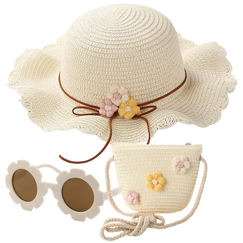 Chapeau De Soleil Et Sac en Tricot De Paille 3 Pièces,Lunette De Soleil,Chapeau Paille Enfant 3-8 Ans avec Décoration Florale po