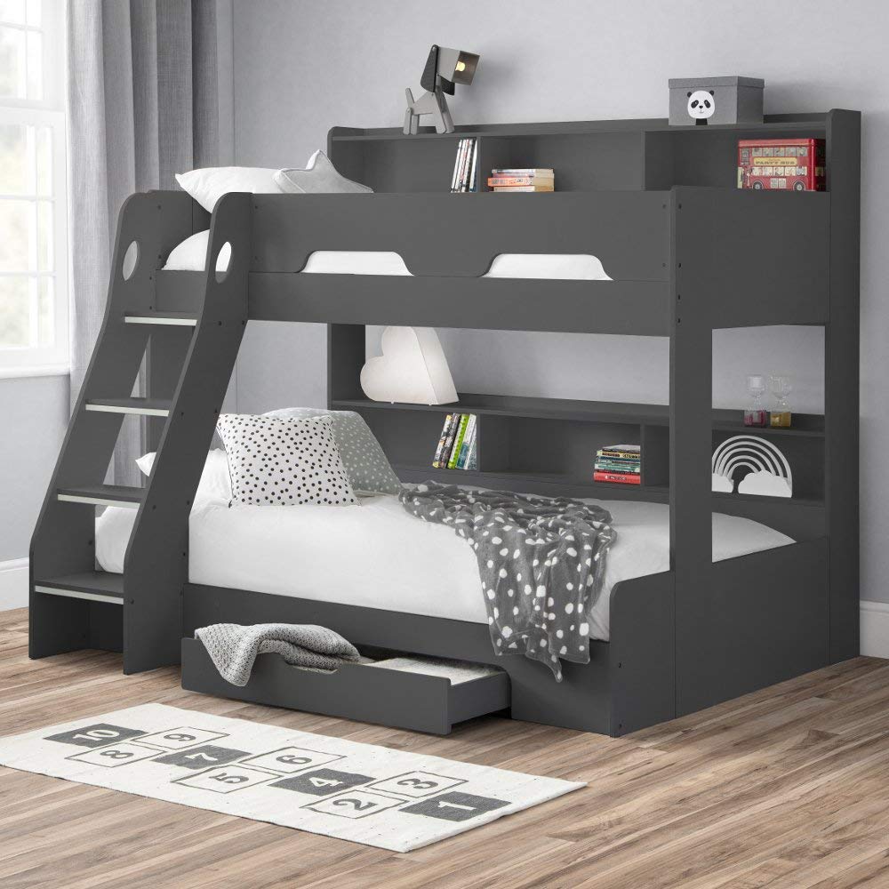 happybedsWooden Bunk Bed, Orion Anthracite Triple Sleeper 3ft Single Top, 4ft Small Double Bottom Storage Drawer with 2x Memory Foam Mattresses