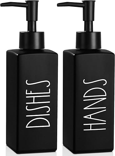 Juego de dispensador de jabón para platos negro mate, botella de jabón de vidrio, recargable, decoración de cocina de granja, 12.3 onzas