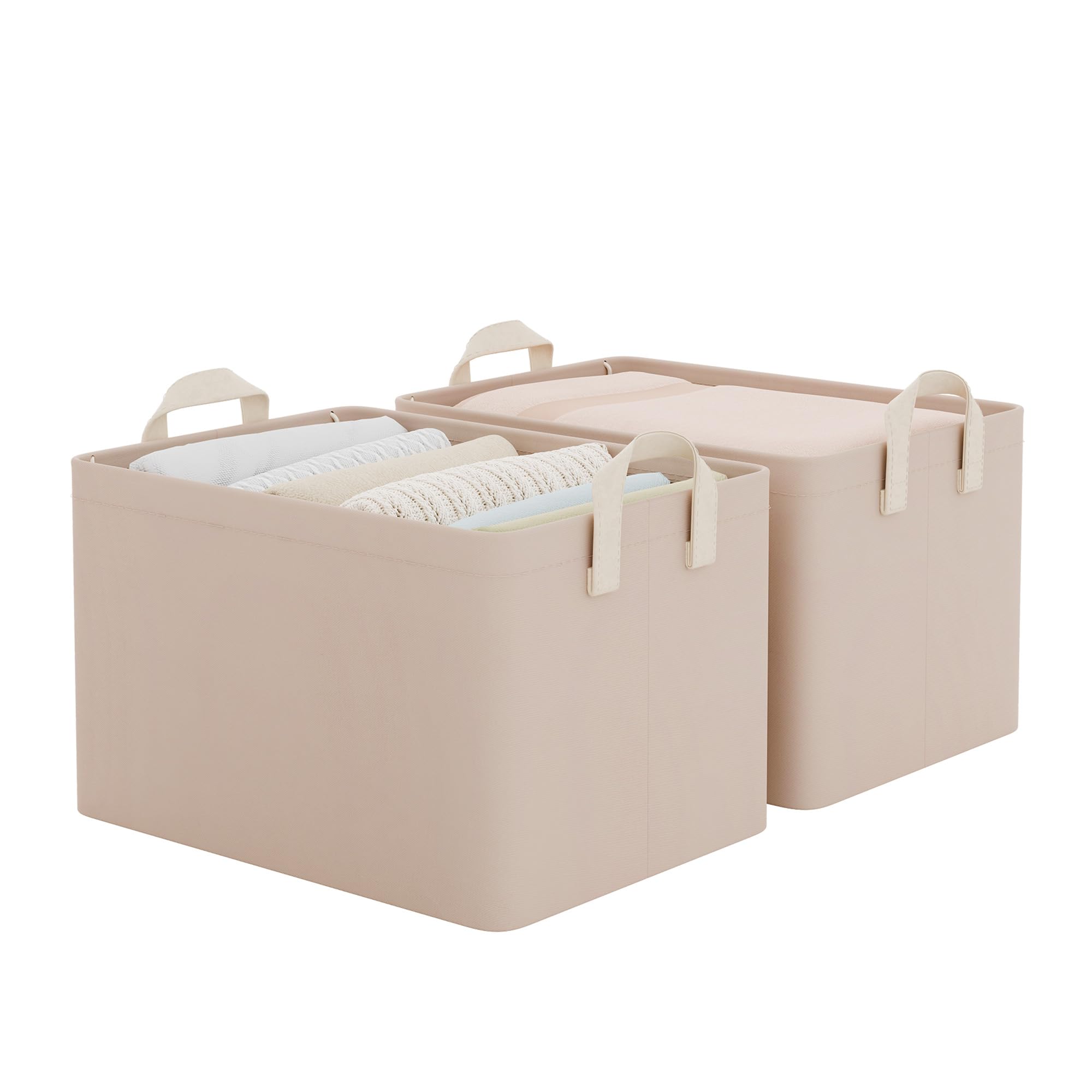StorageWorks Fabric Storage Boxes, Foldable Storage Baskets with Metal Frame, Wardrobe Storage Boxes for Organising Clothes, Shelf Organiser Boxes for Living Room, Office, Light Brown, 2-Pack