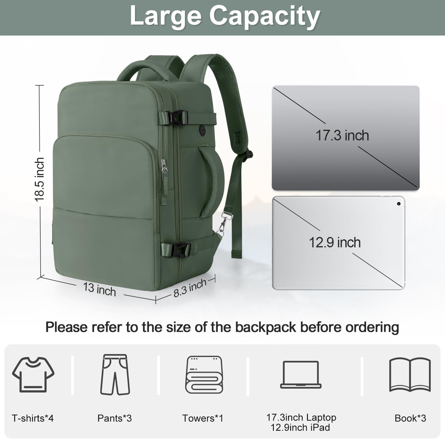 Travel Backpack, Carry on Flight Approved Backpack with Multi-Pockets, TSA Waterproof 17.3inch Laptop Backpack, Personal Item Travel Bag for Men Women, Army Green - Image 9
