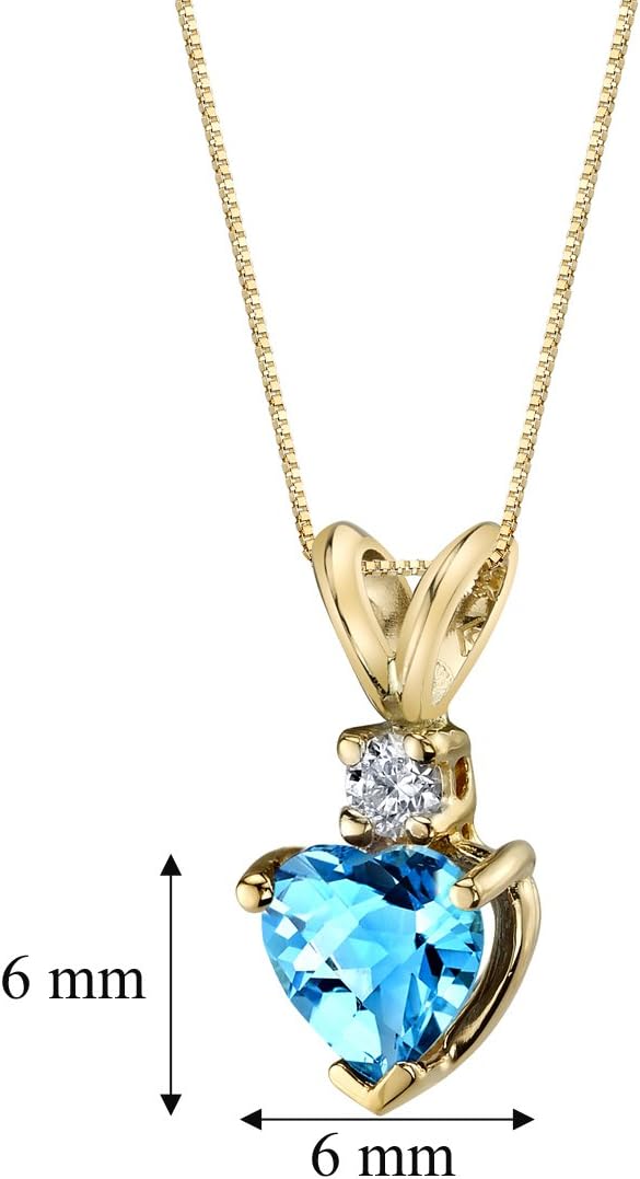 PEORA Swiss Blue Topaz with Genuine Diamond Pendant in 14 Karat Yellow Gold, Heart Shape Solitaire, 6mm, 1 Carat total, Blue Gemstone Necklace, December Birthstone Gold Necklace, w/Jewelry Box