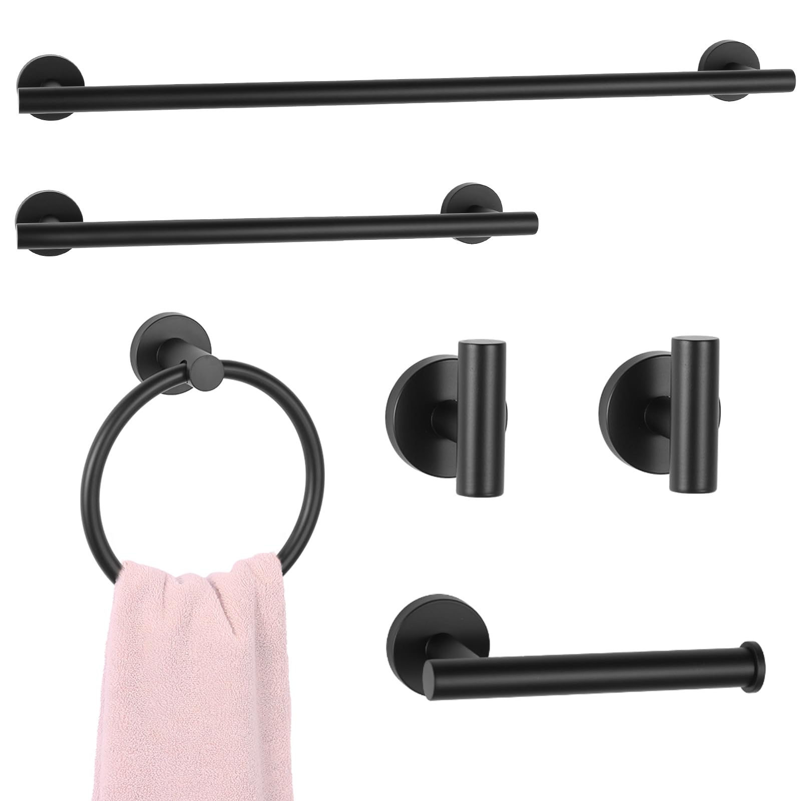 6 Piece Matte Black Bathroom Hardware Set, Includes 24 inch Towel Bar, 16 inch Towel Rack, Towel Ring, Toilet Paper Holder, Towel Hook
