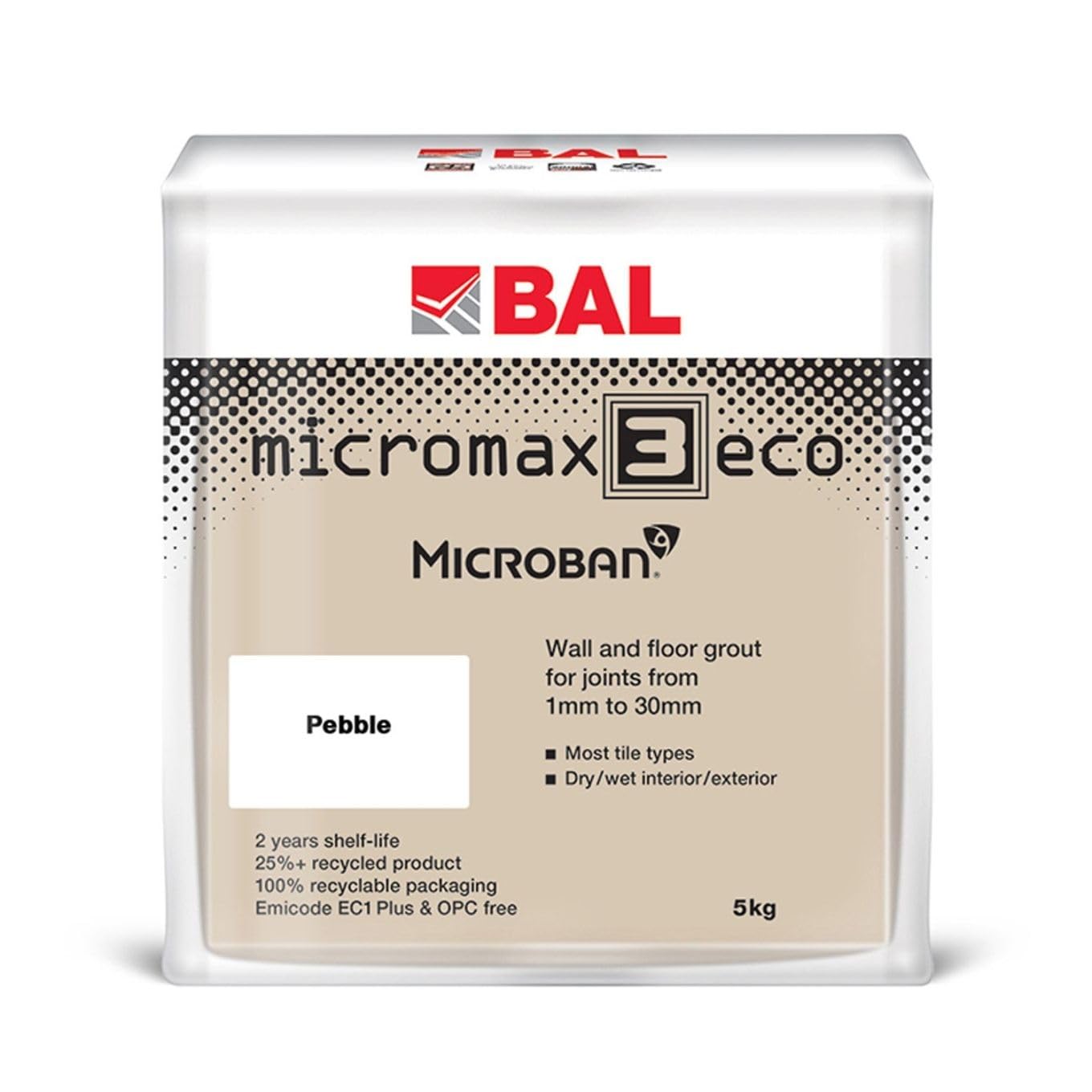 Bal Micromax3 Eco Grout Wall & Floor Grout, Rapid Set, Antimicrobial, Suitable For Interior & Exterior 5KG Bag - Pebble