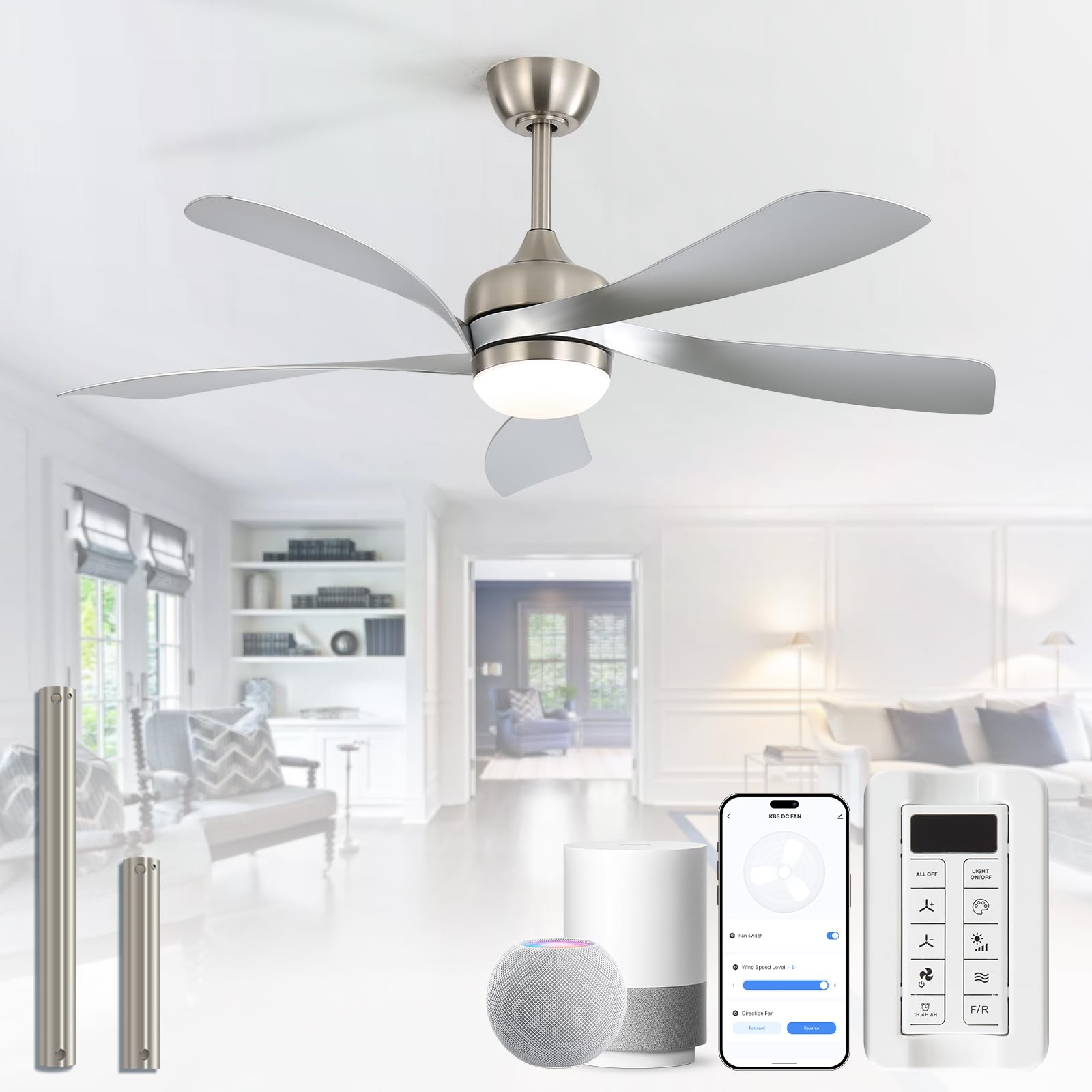 CACI Mall 52 inch Smart Ceiling Fan with Lights, Remote Control, Compatible with Alexa/Google/App, 5 Blades, Dimmable Lighting, Quiet, Indoor/Outdoor Ceiling Fans for Living Room, Bedroom, Patios