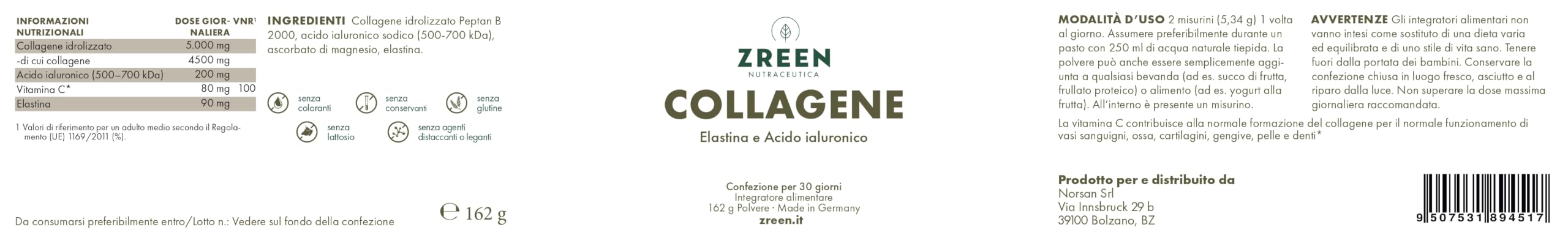Collagene Idrolizzato con Acido Ialuronico Polvere 162 g | Con Elastina • Collagene Bovino Grass-Fed • Solubile a Freddo e Caldo • Prodotto in Germania