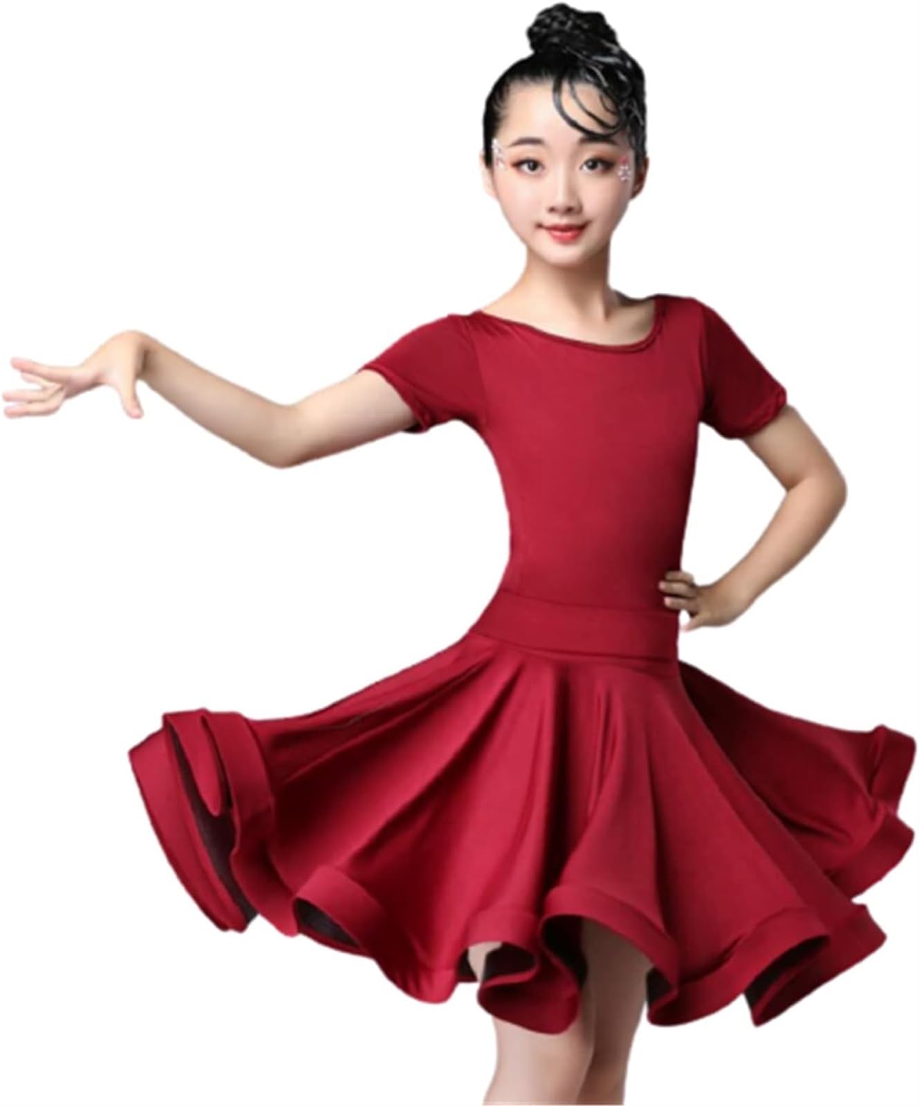 Girls Milk Silk Latin Dance Dress for Girls Competition Ballroom Tango Salsa Dancewear Practice Dancing Wear Dance Pratice Costumes(Red,130)