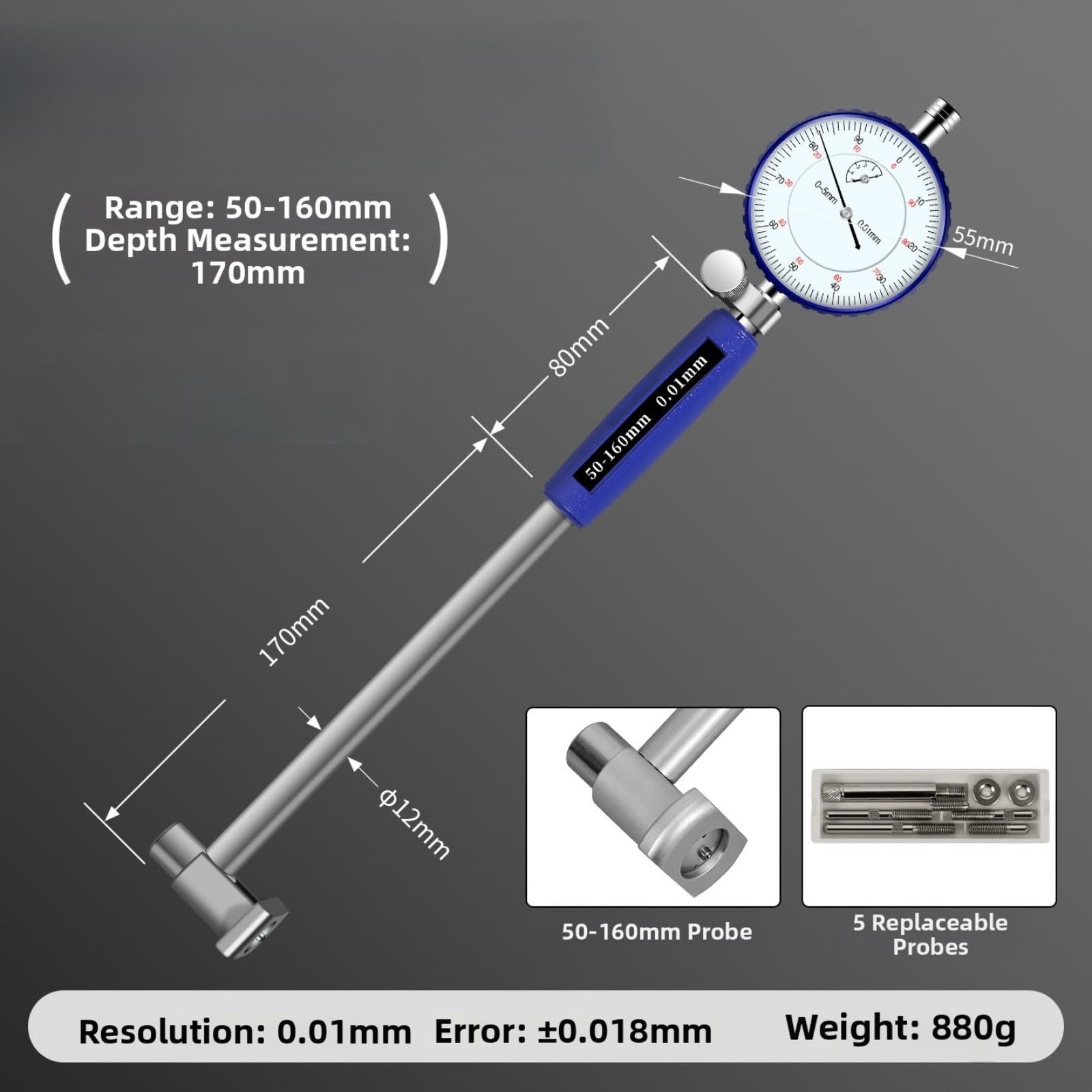 Strumento di misurazione del cilindro del motore di precisione da 0,01 mm, con sonde intercambiabili, 10-450 mm (250-450 mm)