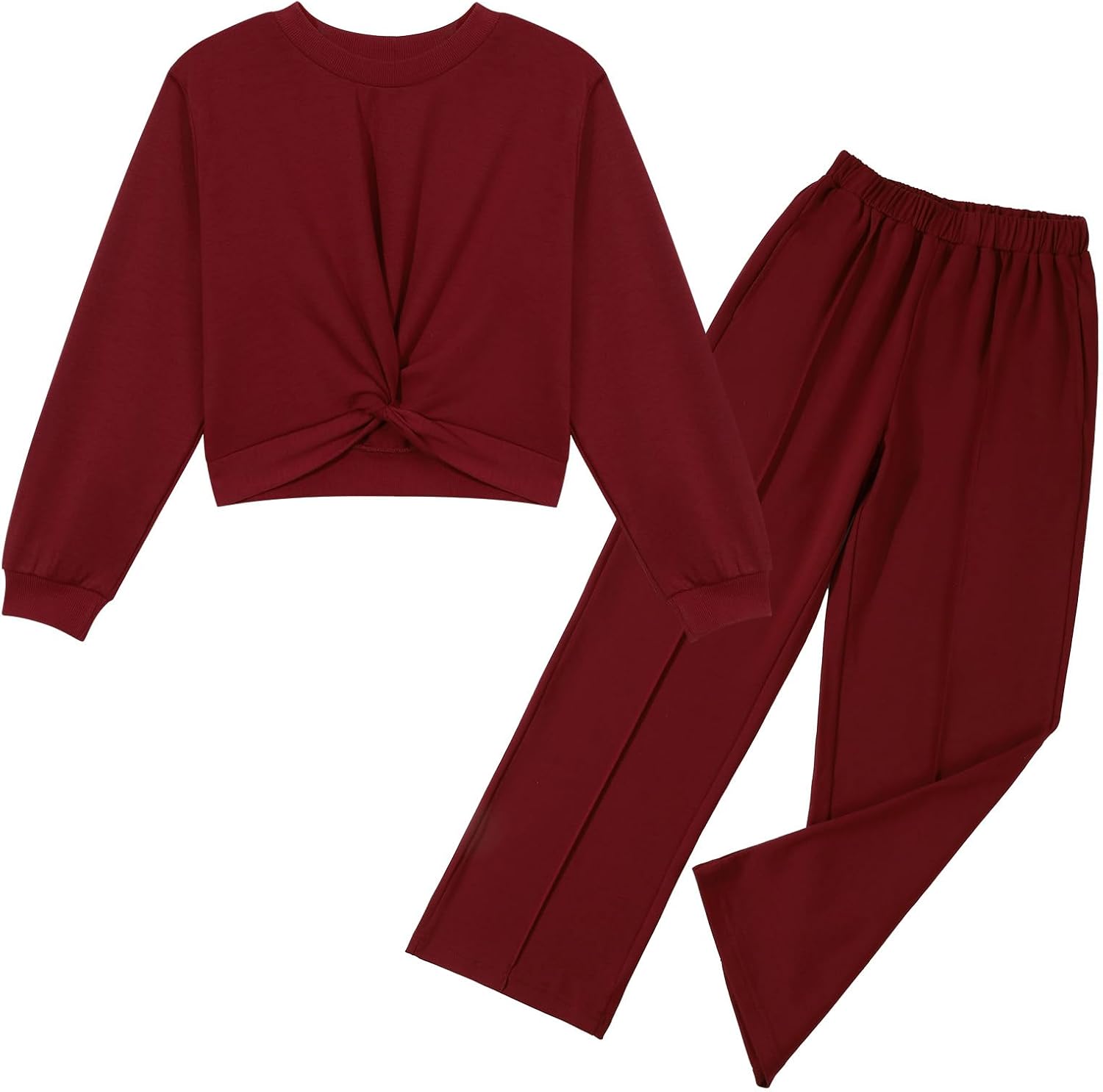 Zupora Girls Fall Outfits 2 Piece Sweatsuit Twist Front Pullover Sweatshirt Wide Leg Sweatpants Tracksuit Kid Clothing Set