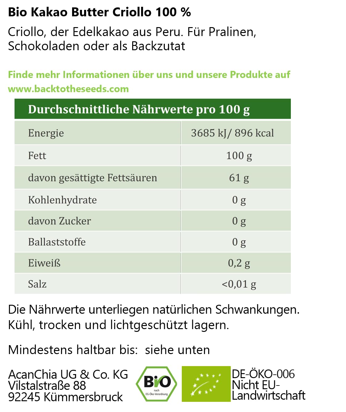 Bio Edel­kakao Butter Criollo 400g – Rohkostqualität | Naturbelassene Kakao­butter aus Criollo Bohnen | Vegan & Superfood für Backen, Smoothies & Desserts