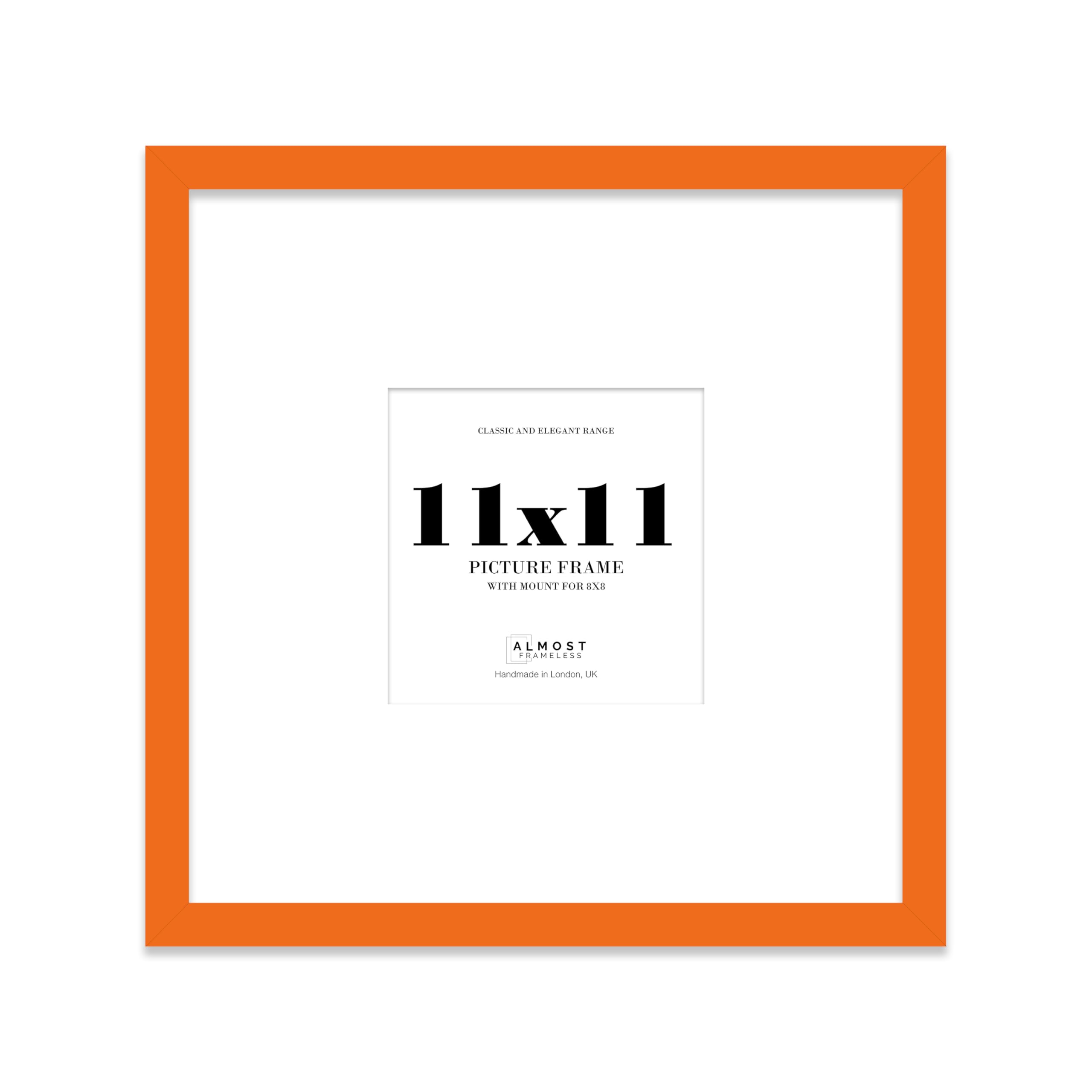 Almost Frameless 11x11 Square Picture Frame, Display Pictures 8x8 With Mat or 11x11 Without Mat, Wall Hanging & Free Standing Photo Frame, Orange, 1 Pack