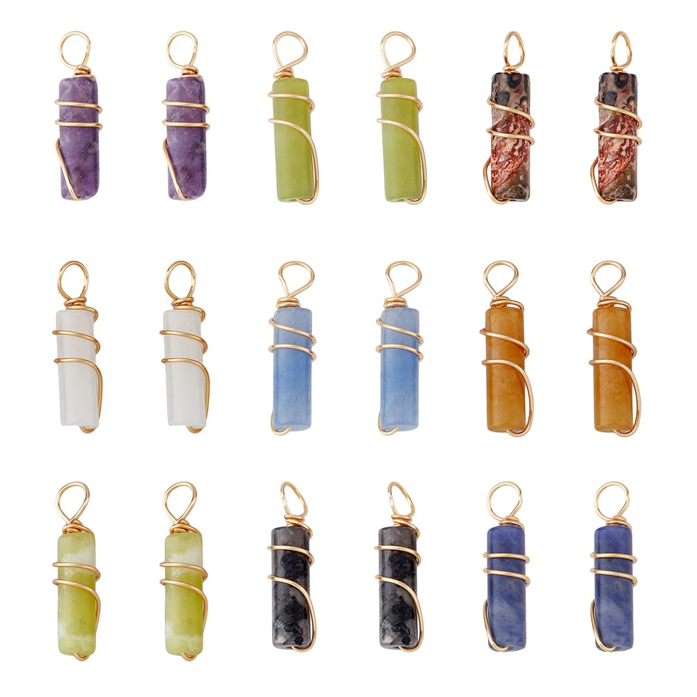 SUPERFINDINGS18Pcs 9 Styles Gemstone Pendants Column Natural Mixed Stone Charms with Light Gold Copper Wire Wrapped Crystal Stone Pendants Charms for Earring Necklace Bracelet Jewelry Making