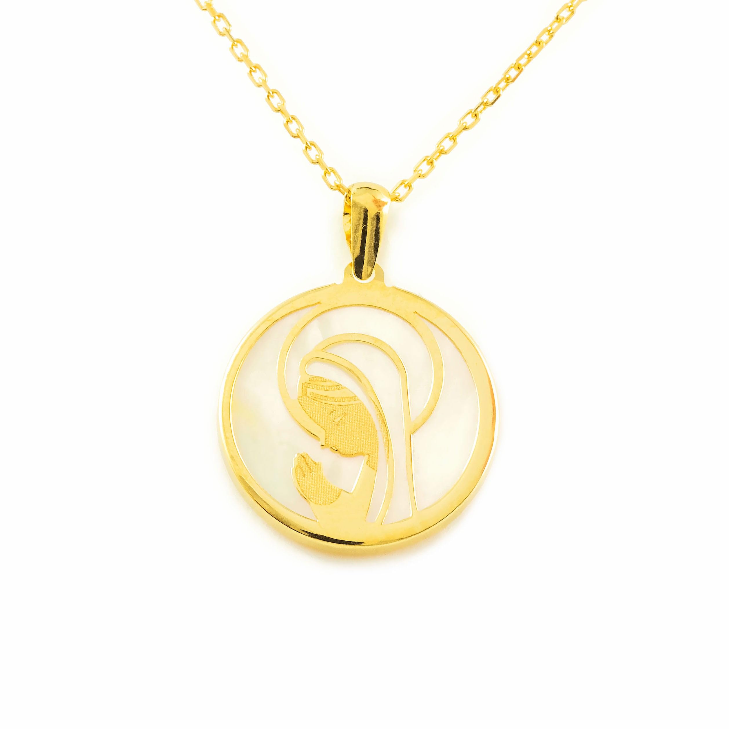 Monde Petit Colgante Oro Amarillo 18K Nacar Redondo Virgen Niña Mate y Brillo - Certificado Garantía - 1572