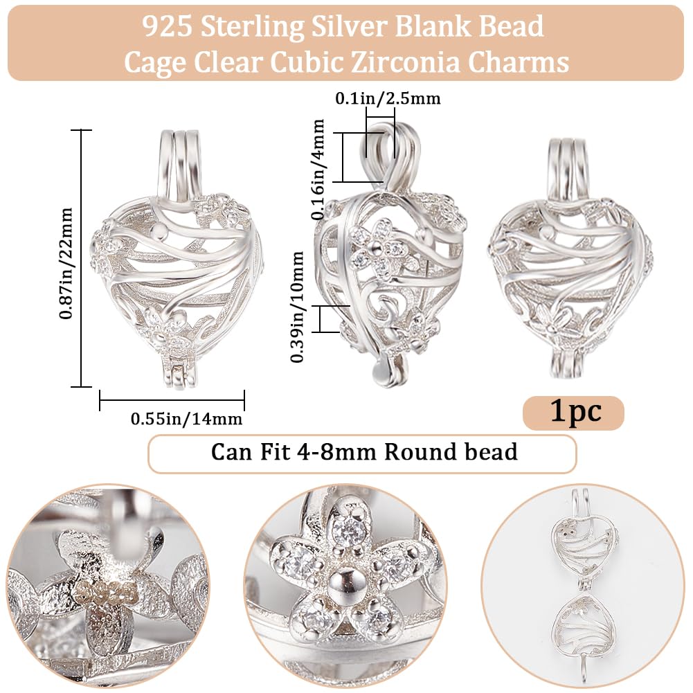 Pendentif Cage Cœur En Argent Sterling Avec Zircon Cubique - Breloque Creuse Pour Bijoux DIY, Environ 22 Mm