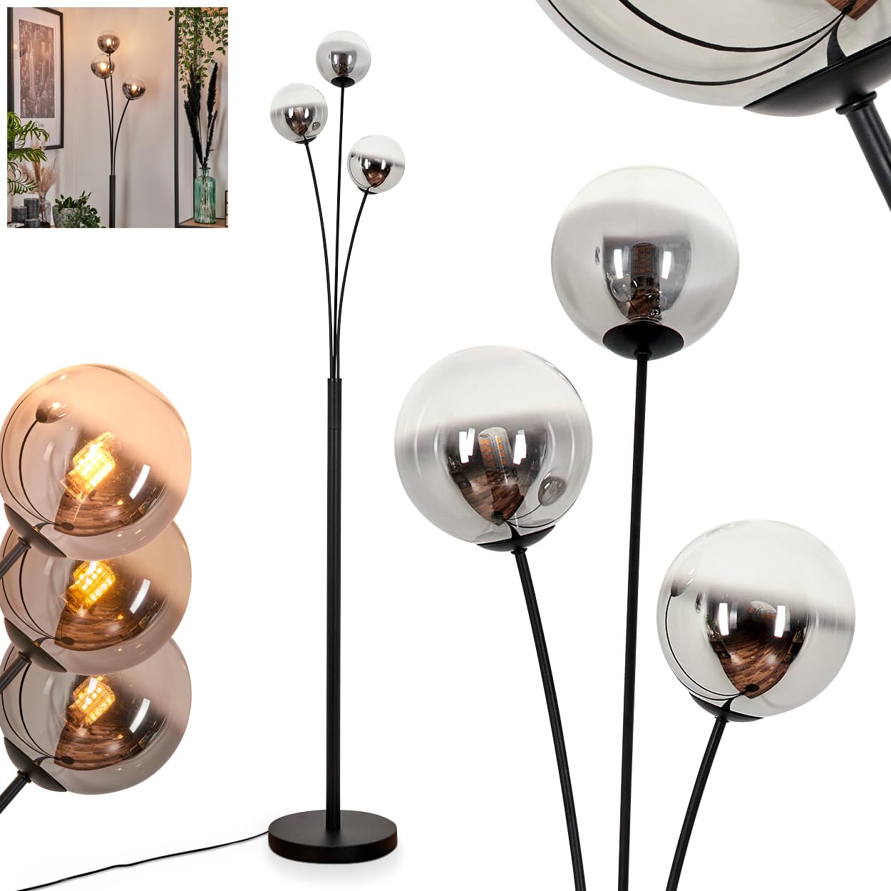 Stehleuchte Bernado, Stehlampe aus Metall/Glas in Schwarz/Rauchfarben/Klar, Leuchte im modernen Retro/Vintage-Design mit Schirmen aus Glas (Ø 12cm), dimmbar über Fußschalter, 3x G9, ohne Leuchtmittel