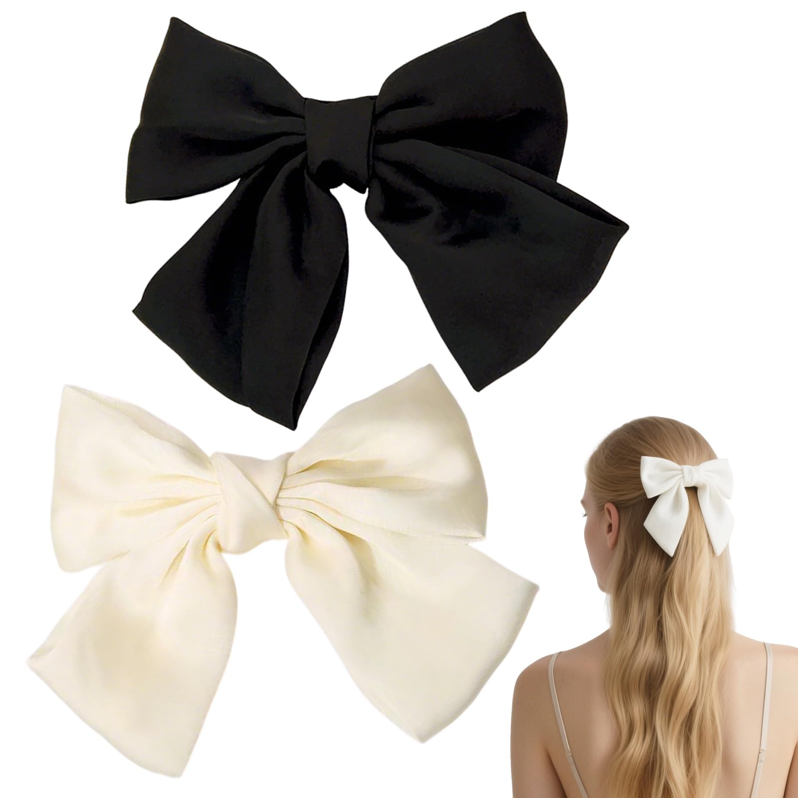 2Pcs Big Bowknot Hairpins for Women Girls French Ribbon Solid Color Satin Silky Barrette Clips,Bow Hair Clip, (Black White)