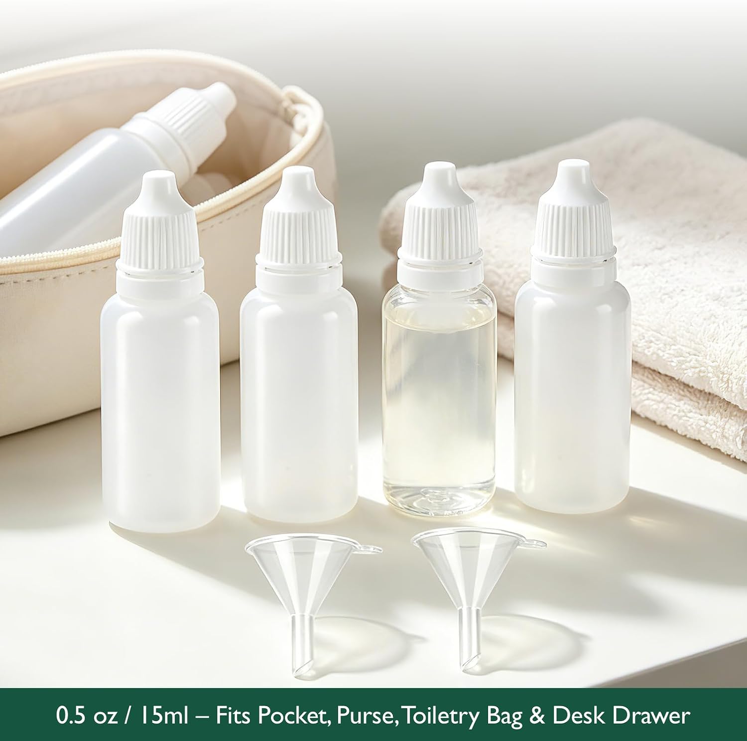 4 Pack 15ml Empty Plastic Dropper Bottles with 2 Funnels, 0.5oz Refillable Squeeze Eye Liquid Containers Leak-Proof Travel Containers for Saline Serums Oils, Small Squeezable Bottles with Cap & Plug