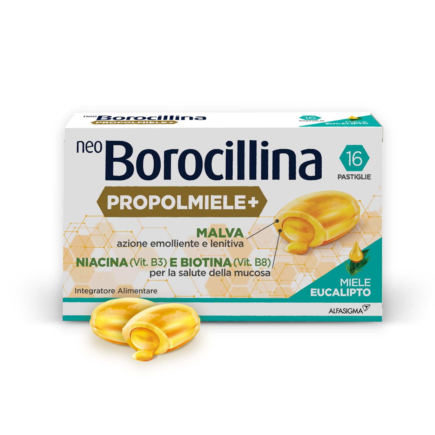 NEO BOROCILLINA Propolmiele+, Integratore Alimentare per il Benessere della Gola, 16 Pastiglie, Gusto Eucalipto e Miele