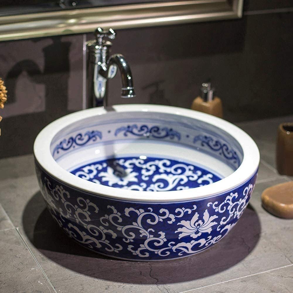 Szafka Pod Umywalkę Z Umywalką, Umywalka Łazienkowa Nablatowa, Okrągła Ceramiczna Umywalka Nablatowa W Stylu Vintage, Malowana Porcelanowa Miska Nablatowa