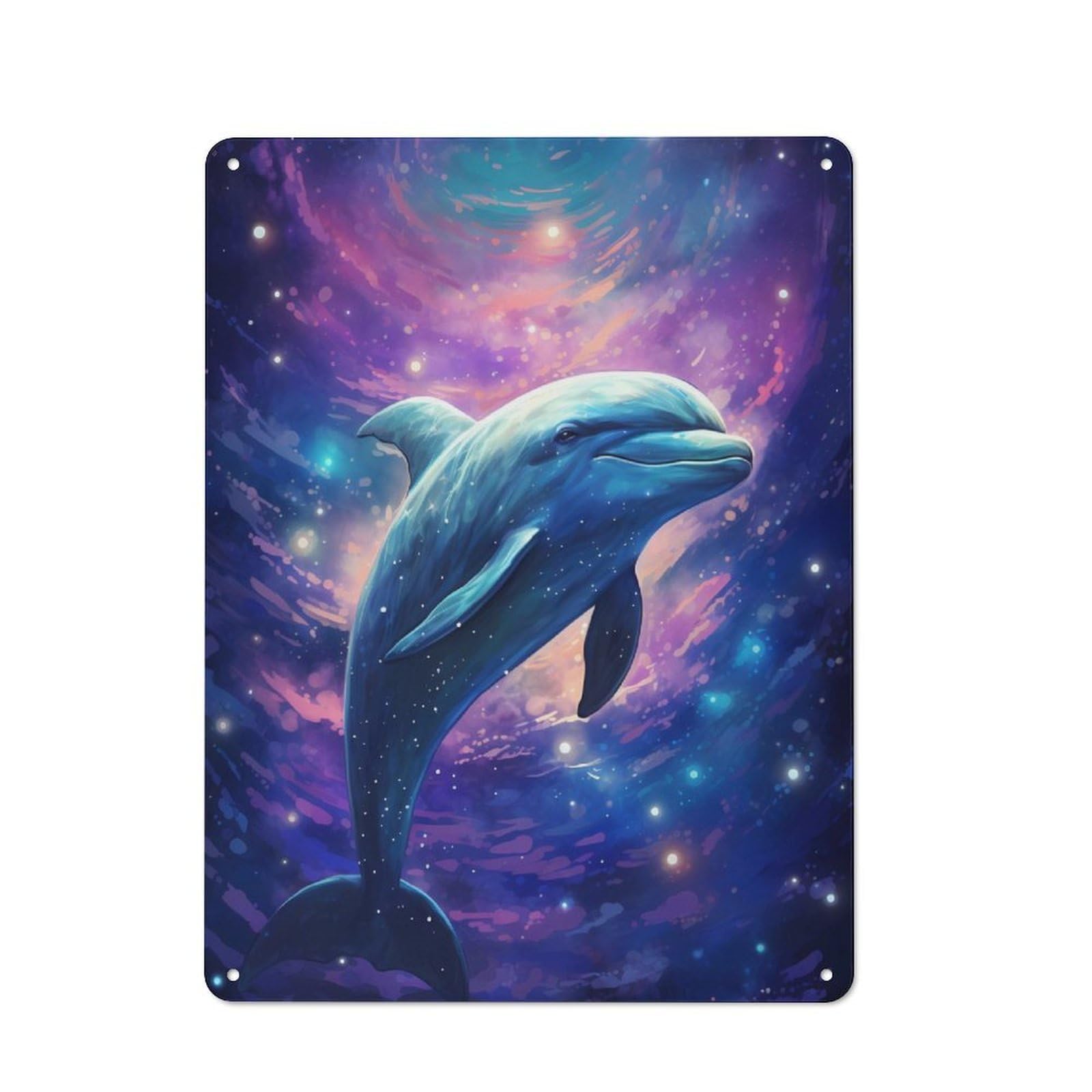 Junmoney Cosmic Fantasy Dolphin Metal Plaque 40X30cm With For Workshop Wall, Retro Decor, For Garage, Workshop And Man Cave Decoration