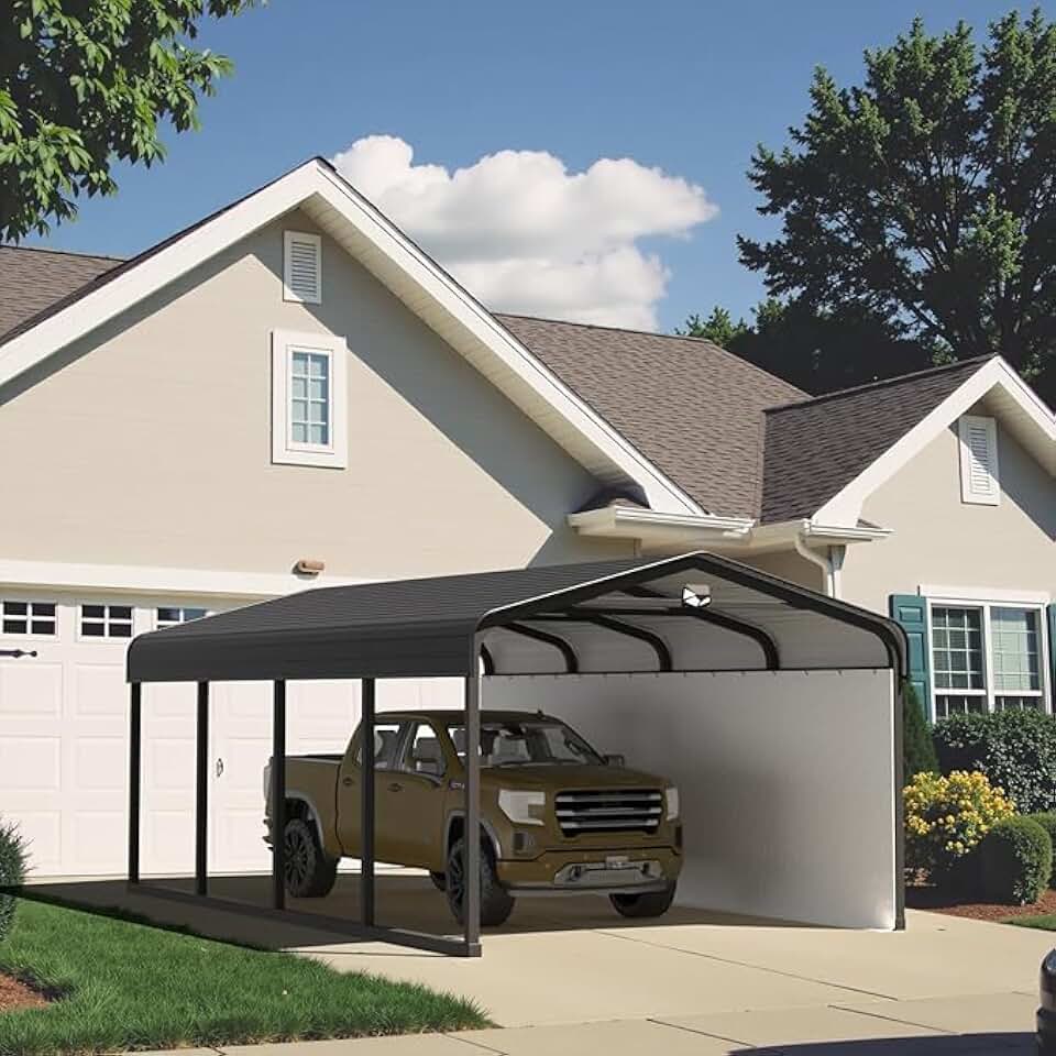 12x20 Metal Carport, Galvanized Steel Roof Car Port with Remvoable Polyethylene Sidewalls