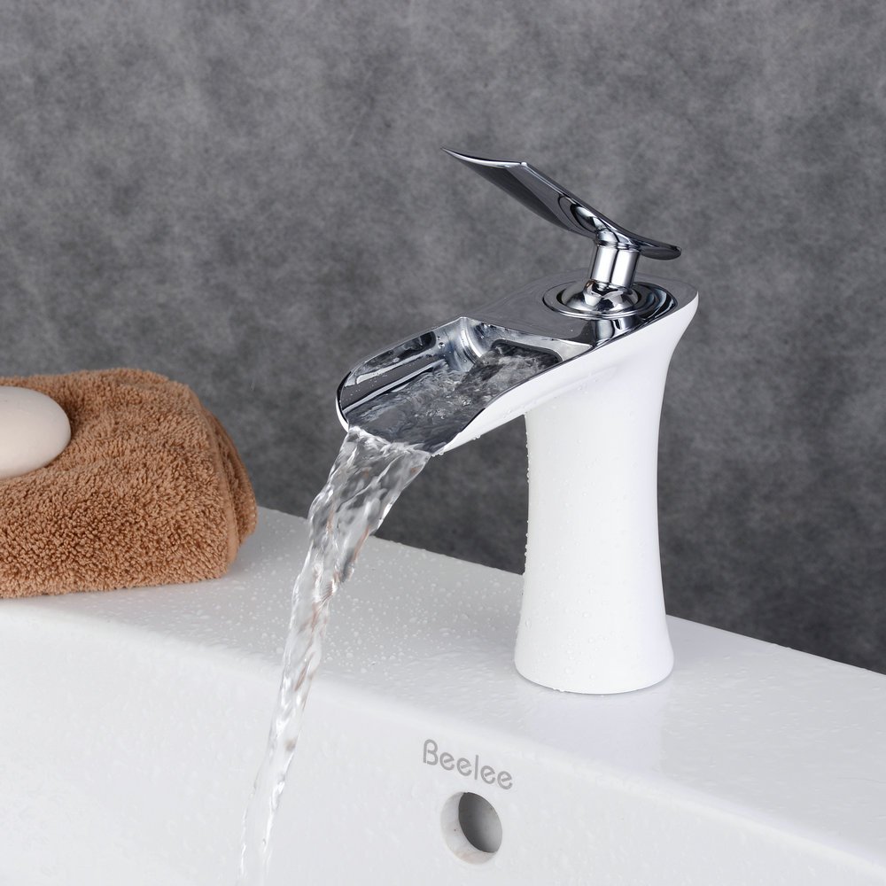 Grifo Cascada Monomando, Grifo de Lavabo Baño, Agua Fria y Caliente Disponible, Pintura blanca y cromo, Beelee BL9009W