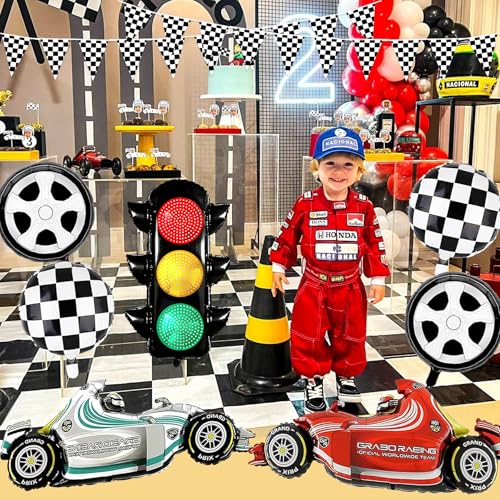 Image of Race Car Balloons Kits 31inch Traffic Light Balloon Red Blue Race Car Birthday Party Decorations Transportation Light Balloons Checkered Pennant Banner Fast One Birthday Party Supplies