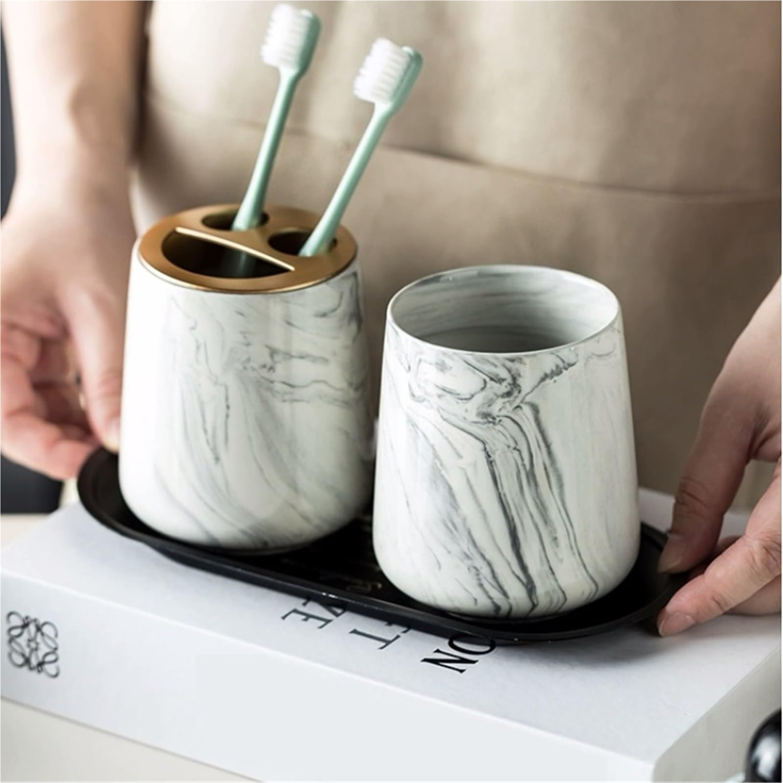 Set De Baño Juego de 4 Piezas baño con diseño mármol cerámica, artículos tocador, Botella loción, jabón, Enjuague bucal, Taza, Juegos Lavado Platos(Gray 4pcs)