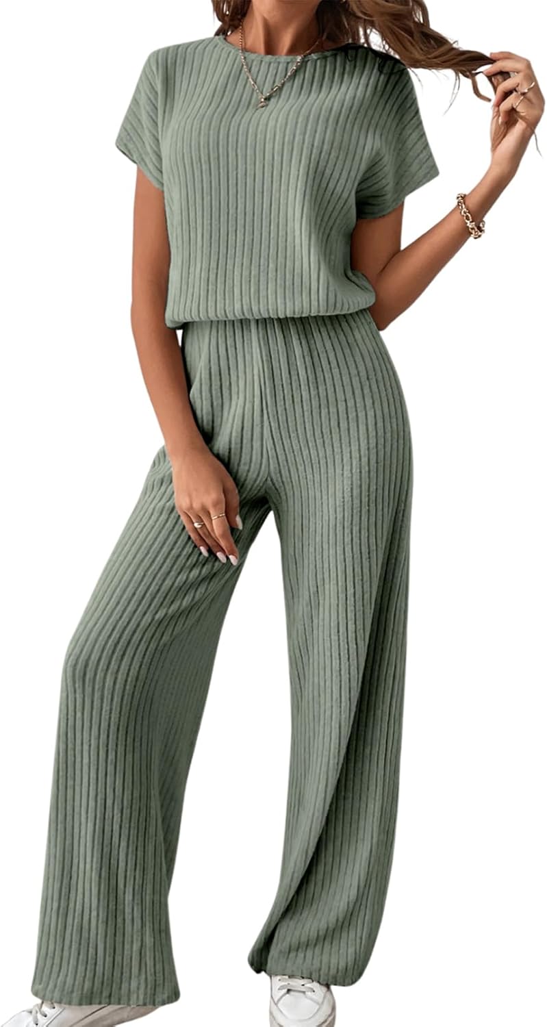 Happy Sailed Women's Casual Loose Solid Ribbed Crewneck Short Sleeve Long Romper Stretchy Wide Leg Jumpsuits