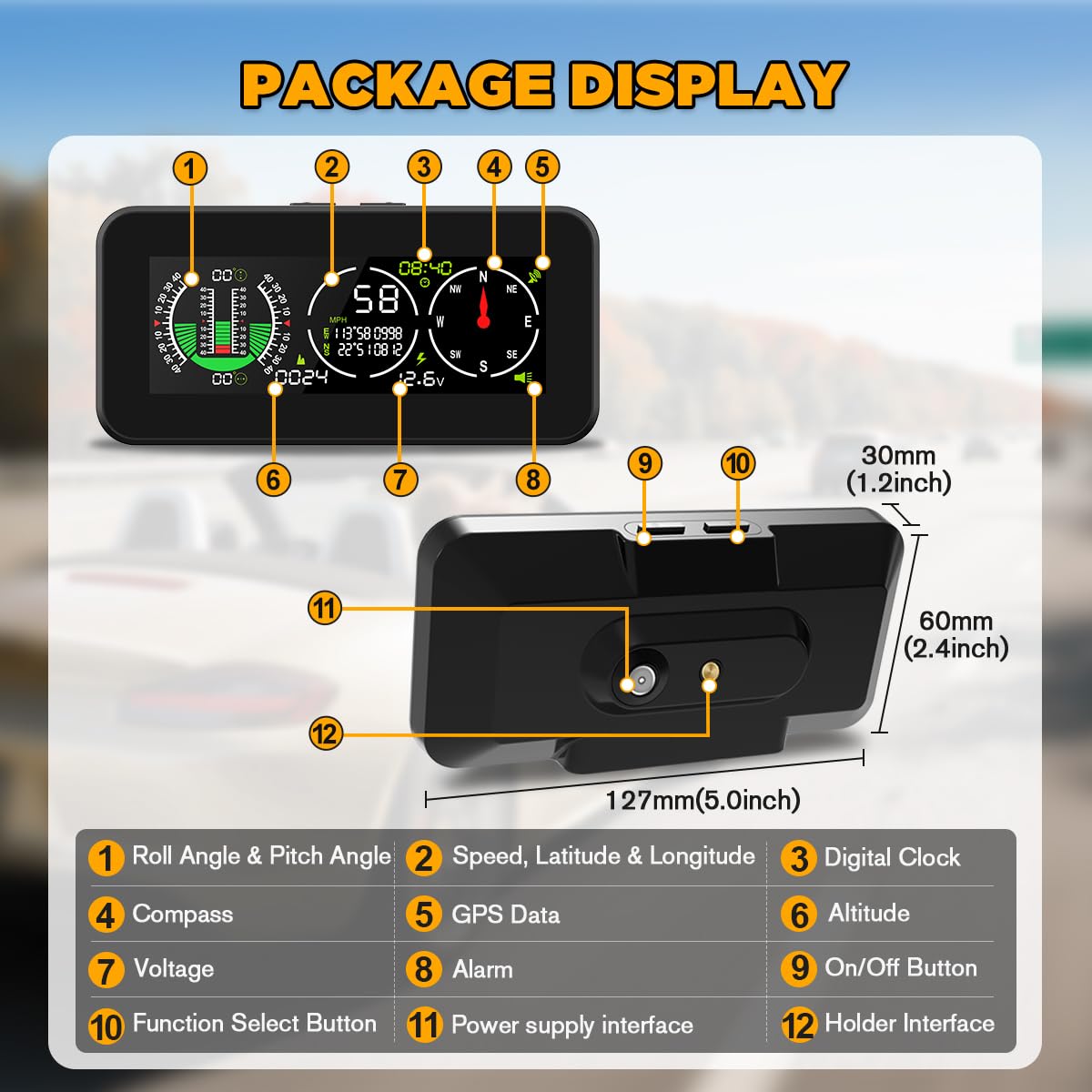 Auto Inclinometro Digitale GPS HUD Pitch Angle Slope Meter MPH Speedometer con Bussola per Veicoli Fuoristrada SUV
