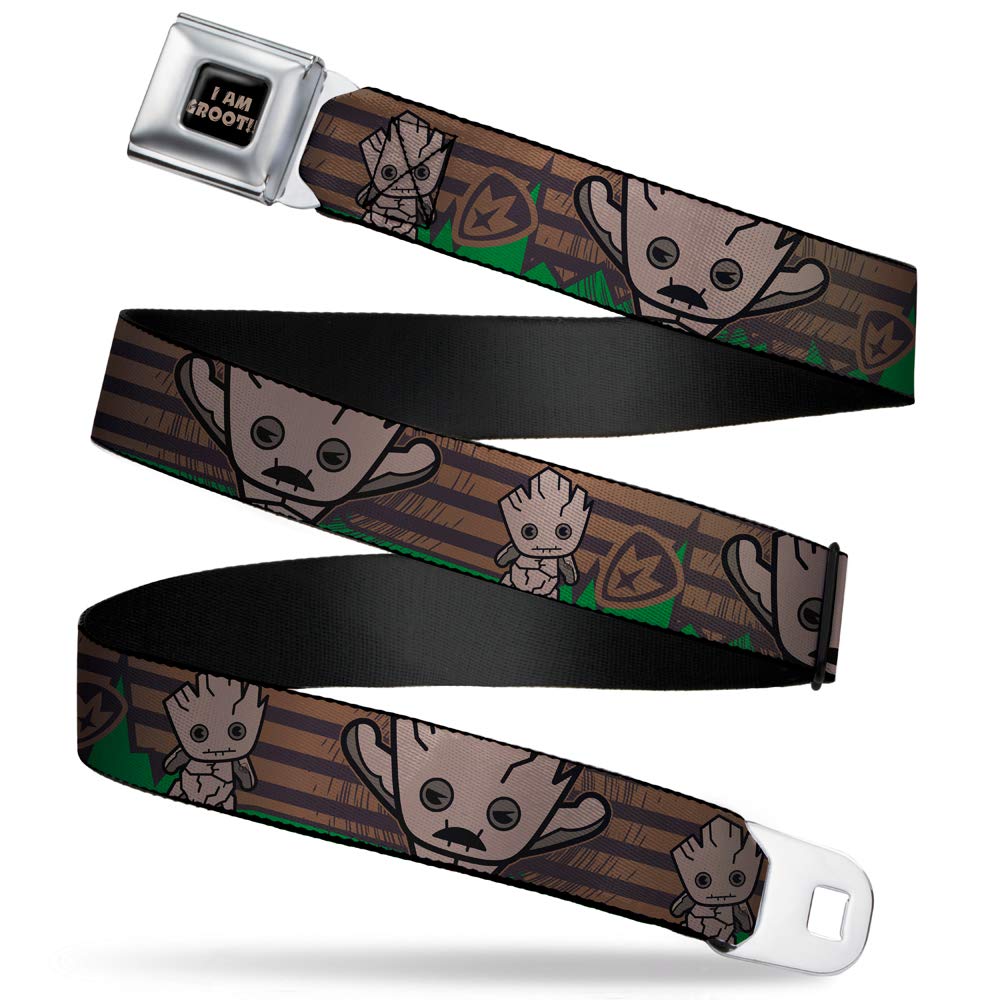 Buckle-Down Men's Seatbelt Belt Guardians of The Galaxy Kids, Kawaii Groot Poses Badge Browns/Green, 1.0" Wide-20-36 Inches
