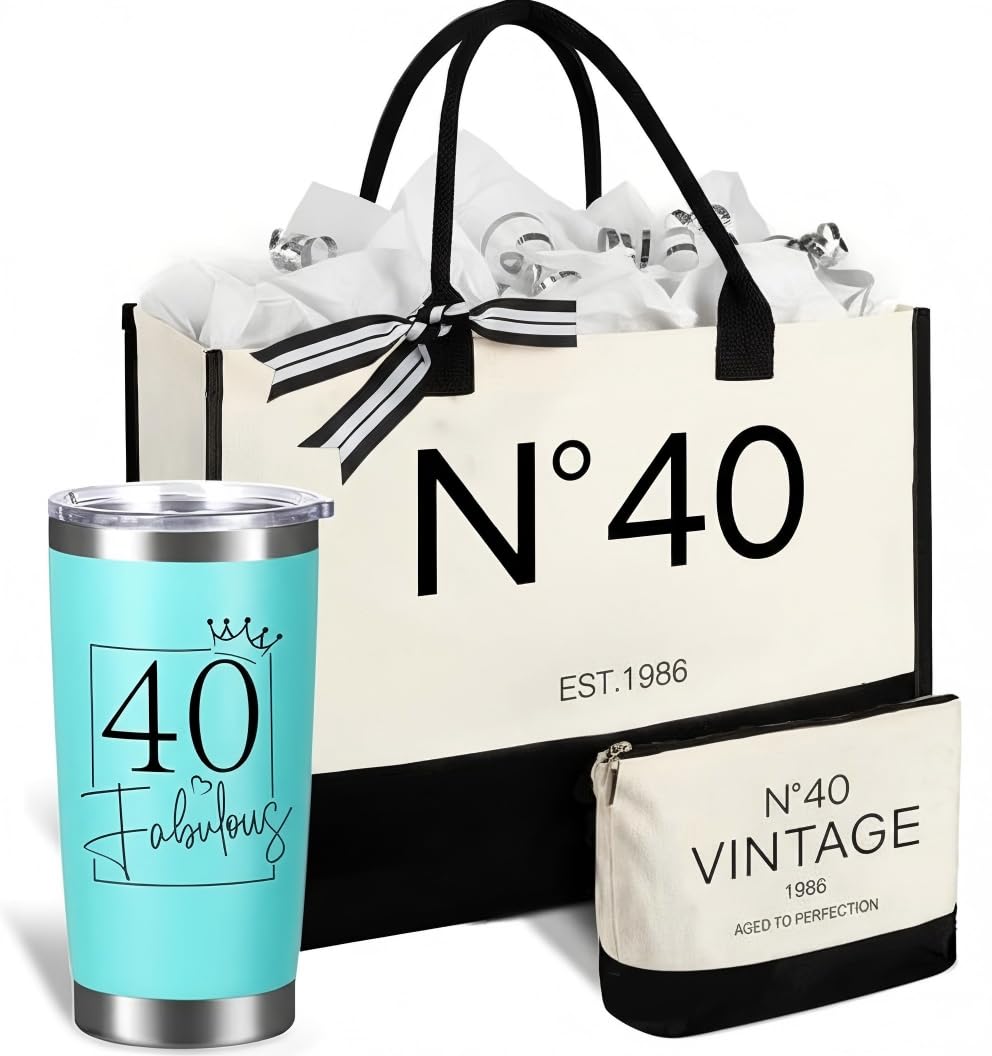 Physkoa 4Pcs Womens Birthday Gift Set, Tote Bag with Tumbler, Double Sided Gift Wrap Bags, for 40/50/55/60/65/70th Birthday N40