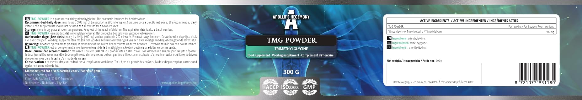 TMG Powder 300g - Betaina - 2000mg Trimetyloglicyny w porcji - 150 porcji w opakowaniu - Bez dodatków - Wsparcie metabolizmu - firmy Apollo's Hegemony