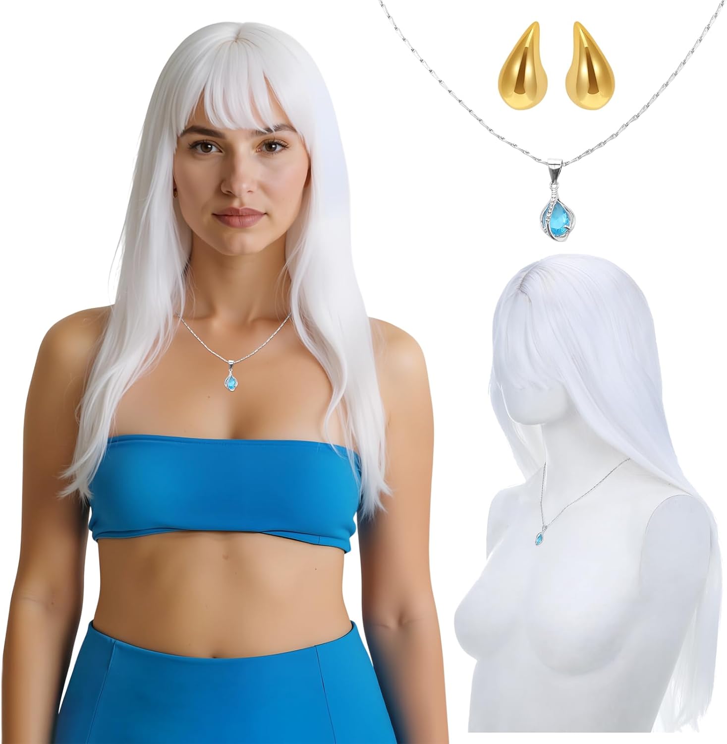 3 Pcs Princess Costume Accessories Female Warrior Long White Hair Gold Earrings Crystal Necklace for Women Halloween Dress up