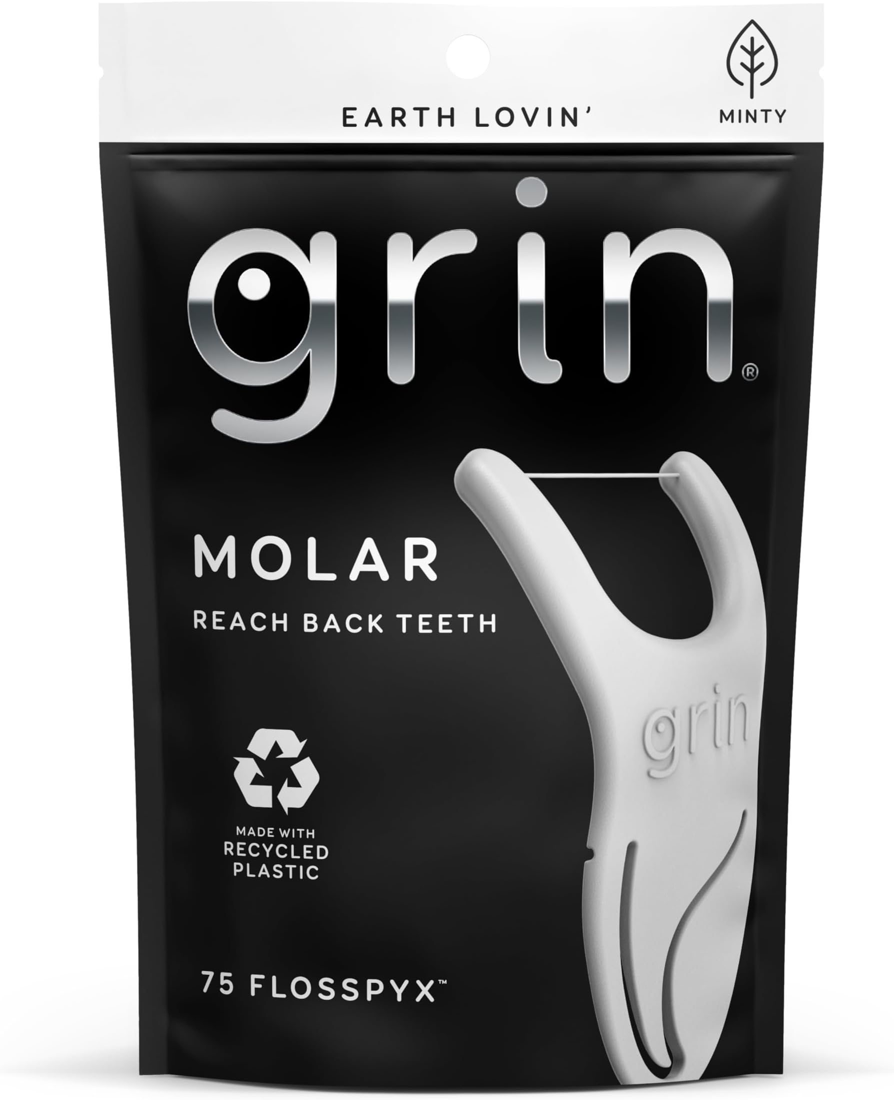 GRIN Molar Flosspyx, Floss Picks, 75 Count, Dental Flossers, Minty Flavor, Recycled Plastic, Great for Reaching Back Teeth, Slide Easily Between Teeth, Includes Safe Soft Fold-Back Tooth Pick