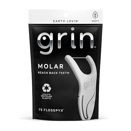 GRIN Molar Flosspyx, púas de hilo dental, 75 unidades, hilo dental, sabor a menta, plástico reciclado, ideal para llegar a los dientes traseros, se