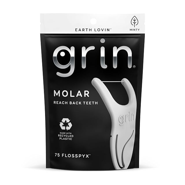 GRIN Molar Flosspyx Floss Picks 75 Count Dental Flossers Minty Flavor Recycled Plastic Great for Reaching Back Teeth