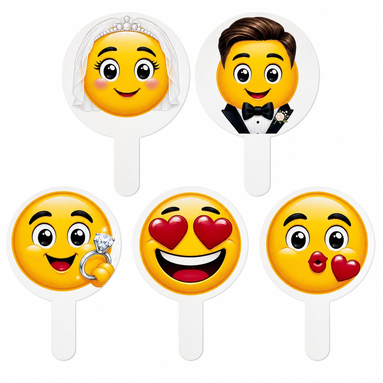 DARO Design - Emoji Foto Props 5er-Set Hochzeit Premium | Braut Bräutigam Ring Herzaugen Kuss | Fotobox Requisiten HDF 6mm Made in Germany