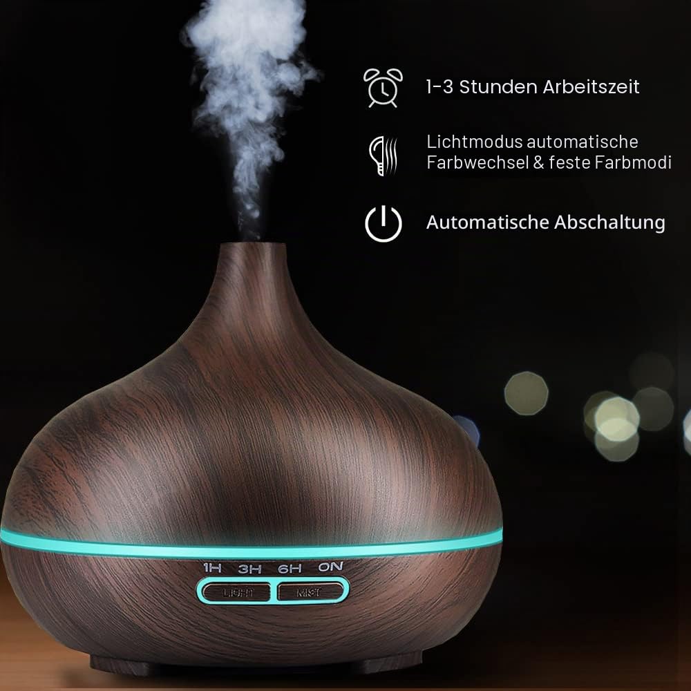 400ML Luftbefeuchter für Schlafzimmer Elektrischer Aromatherapie-Befeuchter im Holzmaserung mit 7-farbigem LED-Licht Leise Aroma Diffuser Wasserlose Auto-Off Duftöldiffusoren (Schwarz)