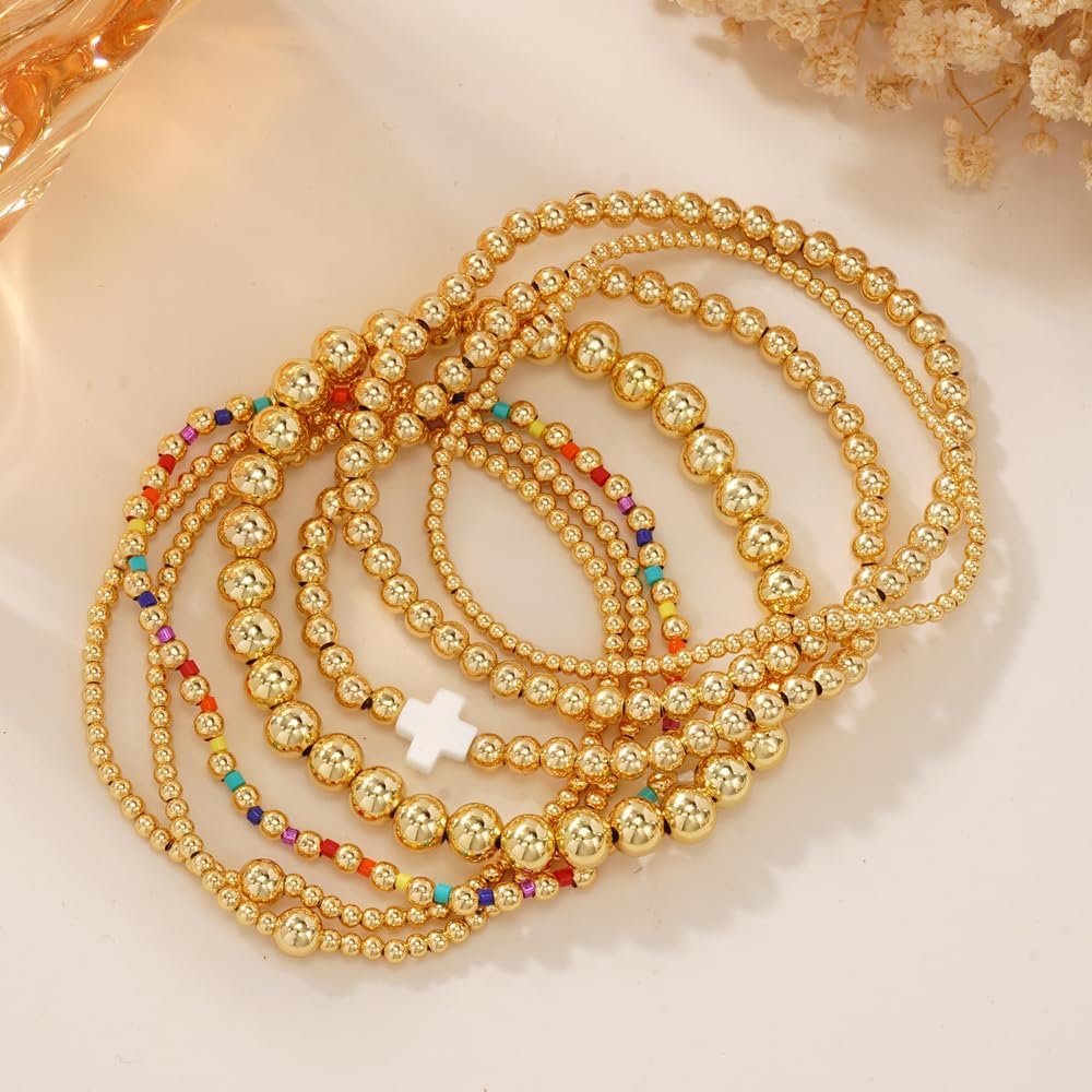 7PCS Gold Beaded Cross Bracelets Set for Women Stackable Boho Stretch Colorful 14K Gold Plated Beads Ball Bracelet Stack Christian Jewelry Accessories Non Tarnish Birthday Friendship Gift - Image 4