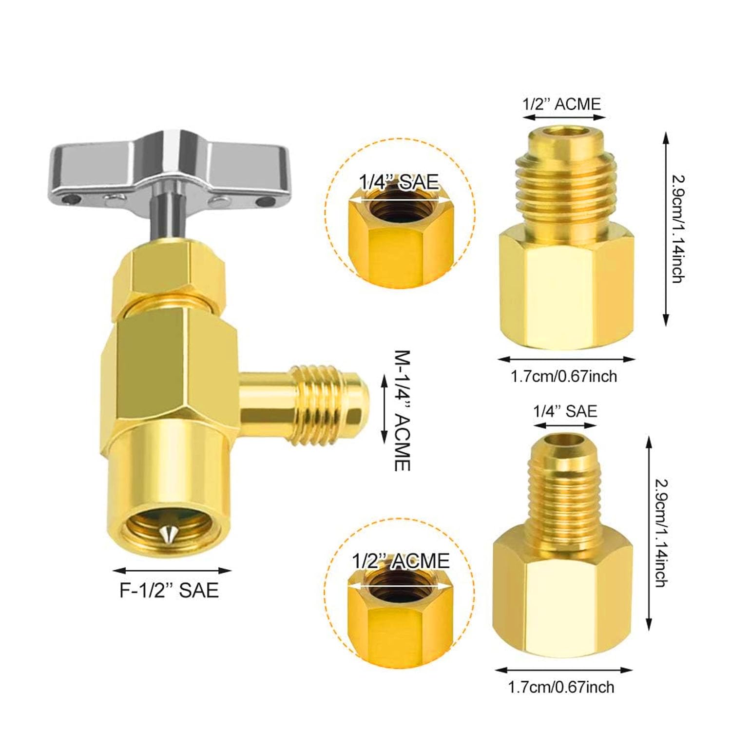 3 pezzi R134A refrigerante, con adattatori per serbatoio, adattatore, 1/2 Acme, rubinetto del frigorifero, per tubo di ricarica del frigorifero con valvola, per bottiglia di gas refrigerante