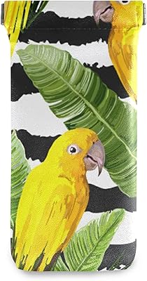 susiyo Black White Stripes Yellow Parrot Glasses Case Portable Microfiber PU Leather Soft Sunglasses Bag Eyeglasses Pouch Holder Squeeze Top for Women Men