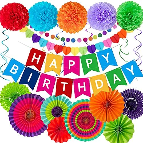SZHTFX 22 Pack Rainbow Birthday Party Decoration Set for Women, Men, Girls with Birthday Banner, Hanging Paper Fans, Swirl, Pom Poms Flower, String Polka Dot for Wedding Décor, Fiesta or Mexican Party
