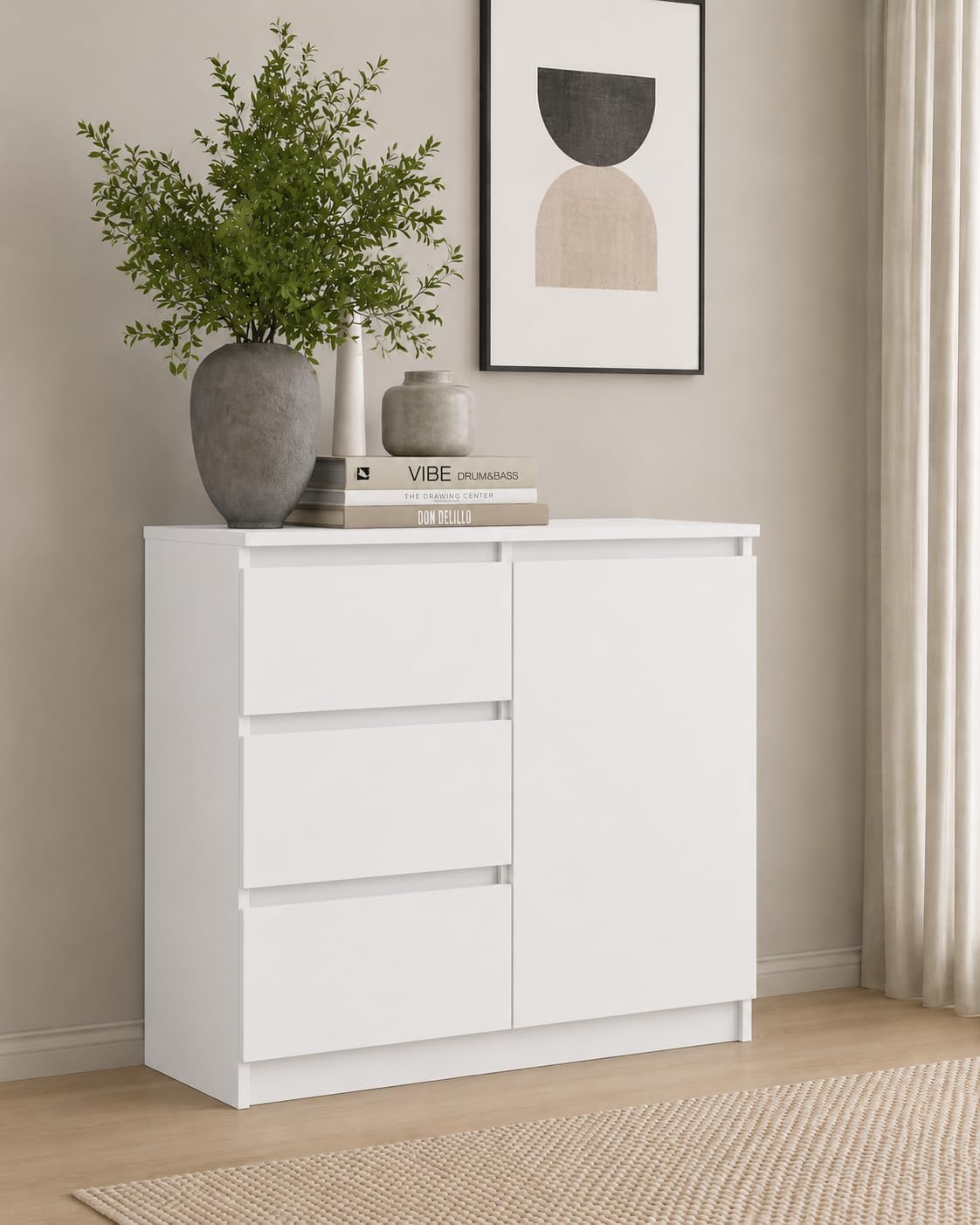 Cassettiera moderna credenza multiuso per camera da letto, corridoio, soggiorno, ufficio, bianco, 80 x 97 x 40 cm, 1 ante 3 cassetti)