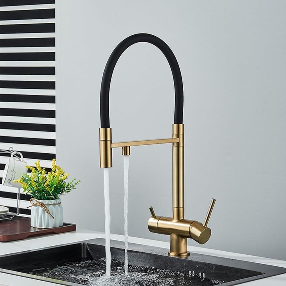 Kitchen Water Filter Faucet Dual Spout Pure Drinking Mixer Tap Rotation Purification Crane, (Brushed Gold a)