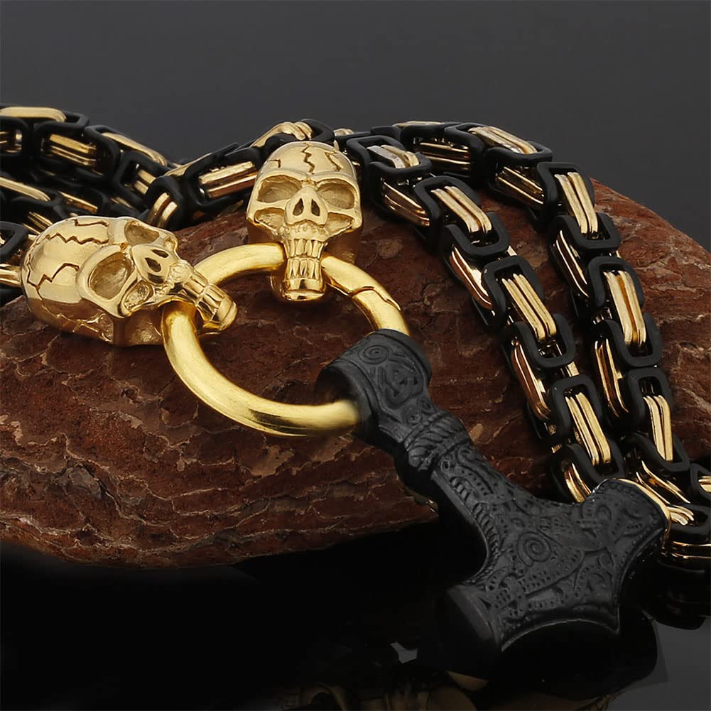 Herren Königskette Thors Hammer Anhänger Halskette, Nordische Mythologie Massiver Edelstahl Mjölnir Fenris Wolfskopf Halskette Wikinger Retro Amulett Rune Schmuck Geschenk