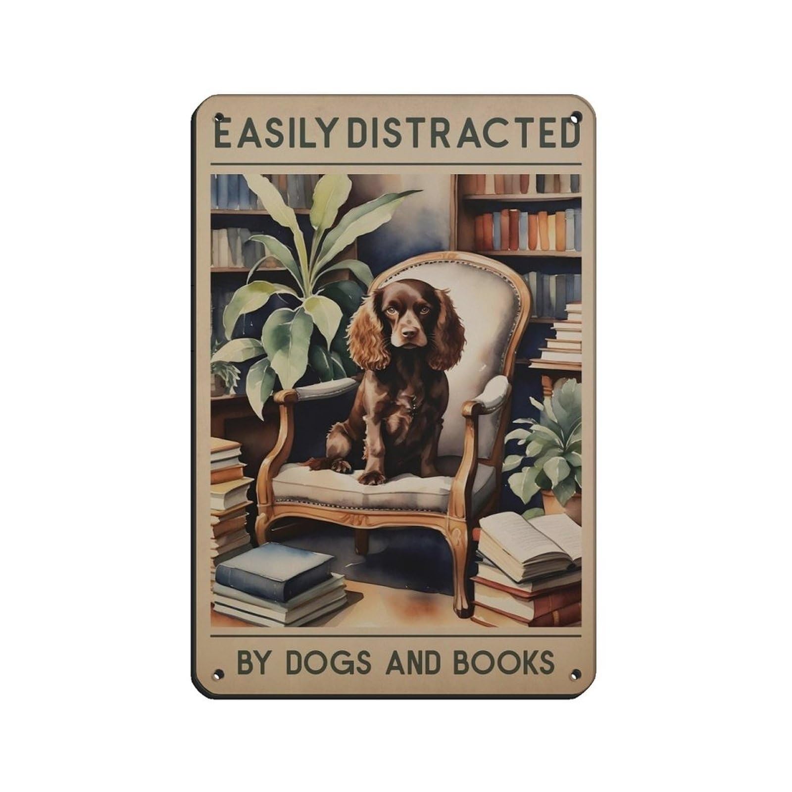 Dog And Books Poster, Spaniel Dog, Vintage Book Tin Sign Vintage Metal Pub Club Cafe Bar Home Wall Art Decoration Poster Retro 8x12inch(20x30cm)
