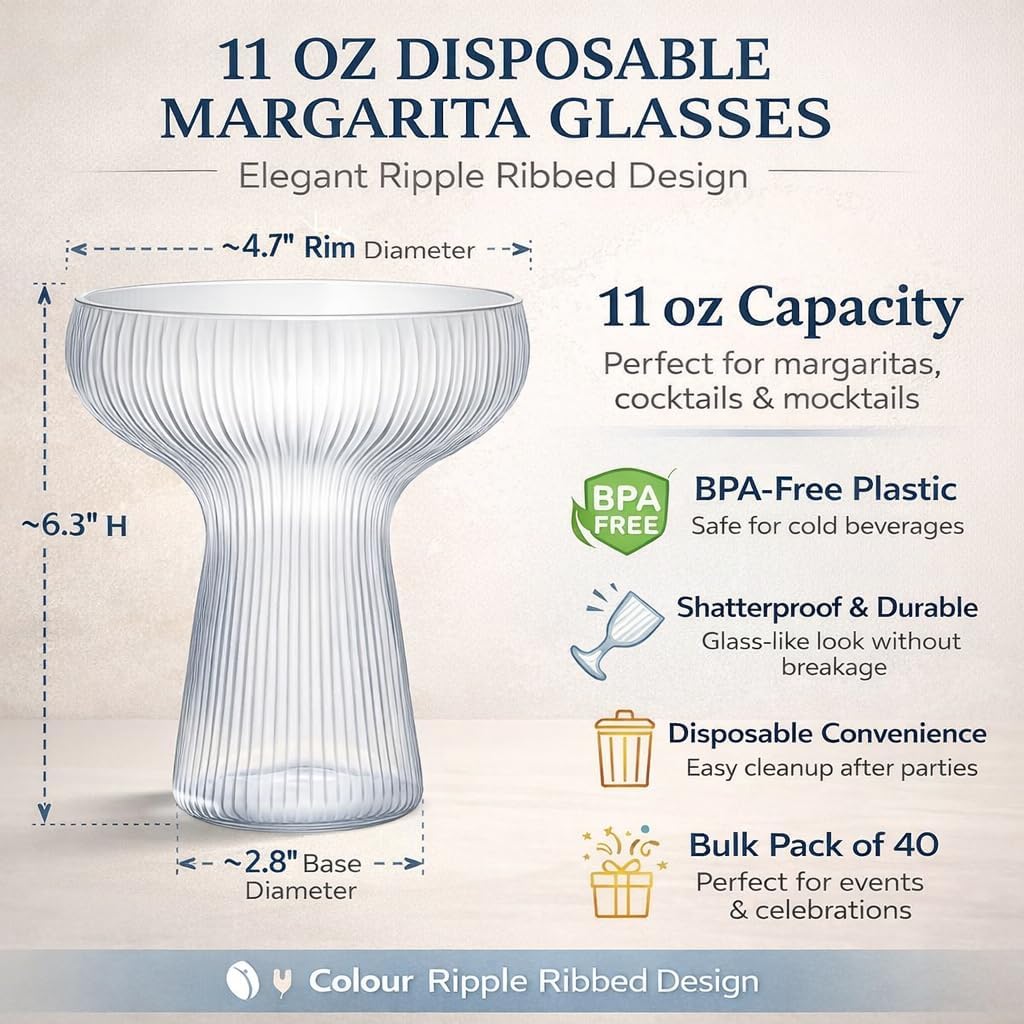 Oojami 40 Pack Disposable Plastic Margarita Glasses 11oz Ribbed Ripple Cocktail Cups, BPA-Free Shatterproof Elegant Margarita Cups for Wedding Cinco de Mayo Fiesta Party, Cocktails and Events