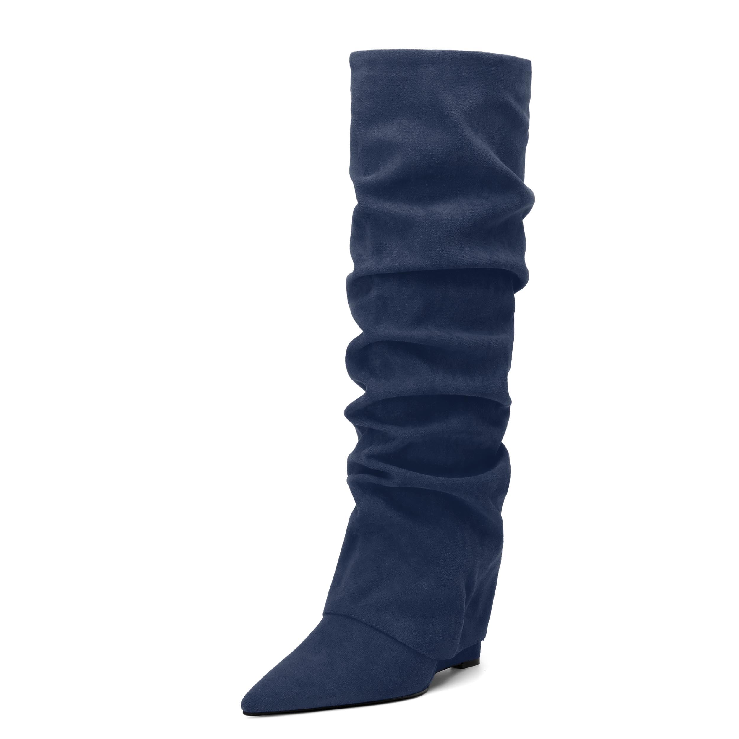 WAYDERNS Knee High Boots for Women Wedge Heel Slouchy Pointed Toe 4 Inch Pull on Tall Boots Comfortable